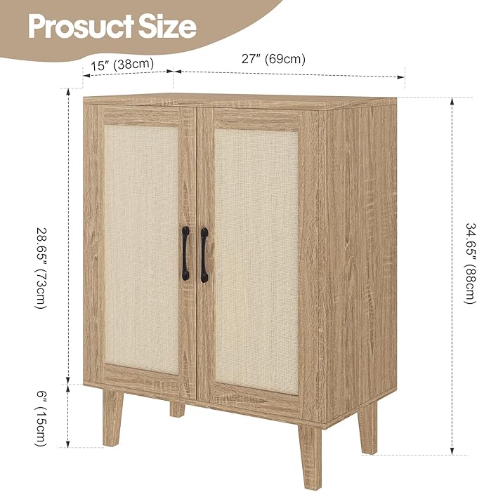 Panana Buffet Cabinet Sideboard with Rattan Decorated Doors Kitchen Storage Cupboard Accent Cabinet (Natural Wood)
