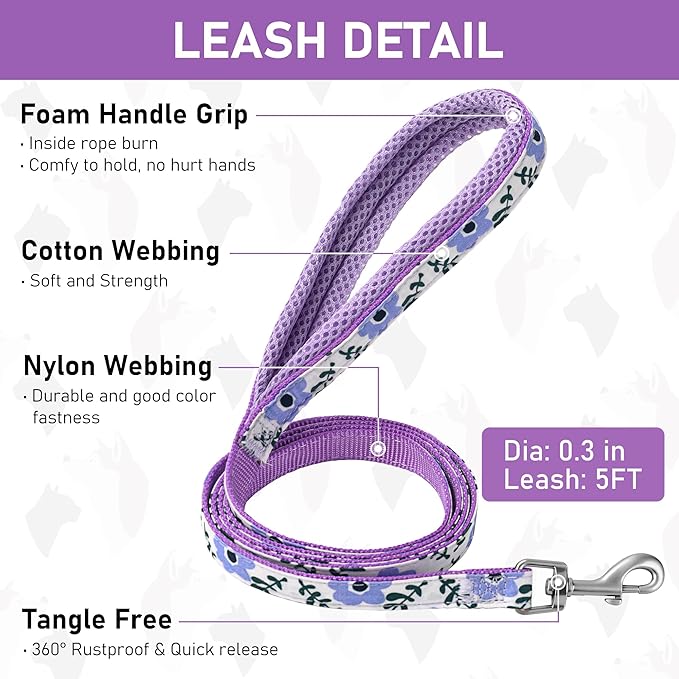 GAMUDA Small Dog Harness Collar and Leash Set, Step in No Chock No Pull Soft Mesh Adjustable Dog Vest Harnesses Plaid Reflective for Dogs Puppy Cats Kitten Rabbit (Purple Flower, M)