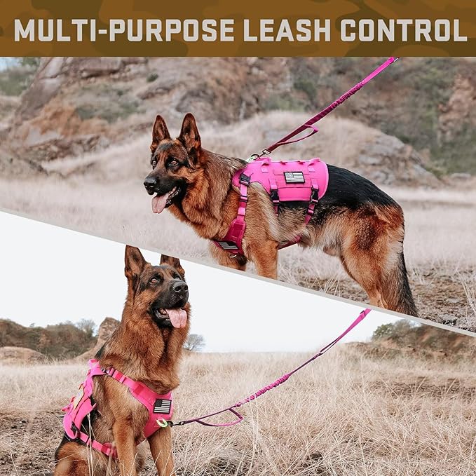 Forestpaw Pink Tactical Dog Harness for Large Dogs,Tactical Dog Collar with Bungee Leash Set,No Pull Military Dog Harness for Walking Training,Adjustable for Medium Large Dogs,Chest 15.5-25.5"