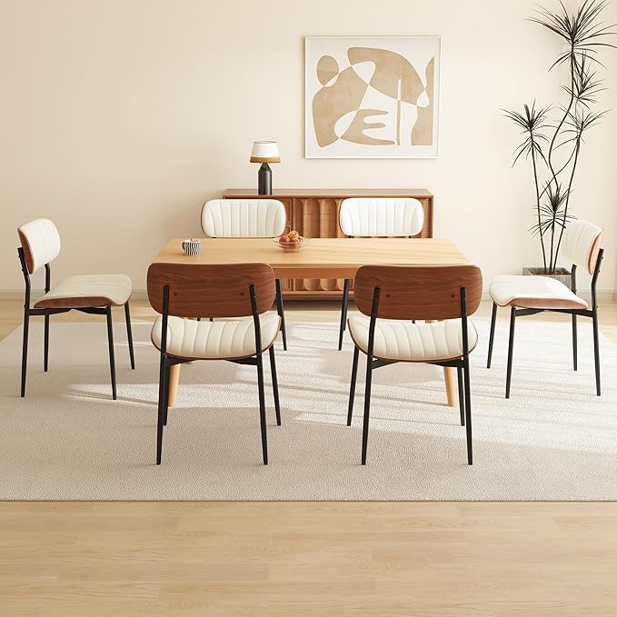 Modern PU Leather Dining Room Chairs Set of 2, Upholstered Kitchen Chairs with Curved Wood Backrest and Metal Legs Adjustable Feet for Kitchen Dining Room(Beige)