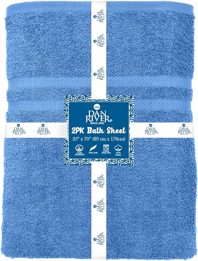 DAN RIVER 2 Pack Luxury Bath Sheets 35x70, 600 GSM, Soft & Quick Dry 100% Ring Spun Cotton Towels Ideal for Hotels, Spas, Gyms & Salons Extra Large, Medium Blue