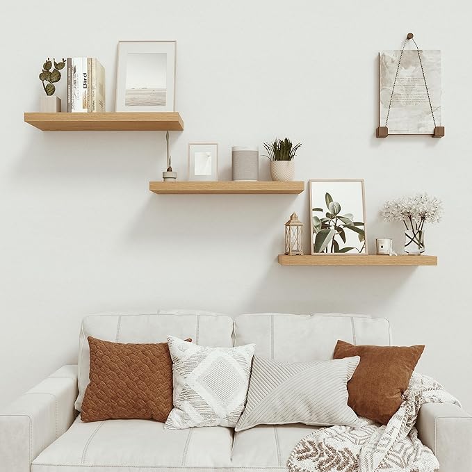 Vivelove Oak Floating Shelves 24 inchs Long, 9.1” Deep Bathroom Shelves Wall Mounted for Bedroom, Living Room, Kitchen, Office, Rustic Home Decor, Wall Shelves with Invisible Brackets, Set of 2