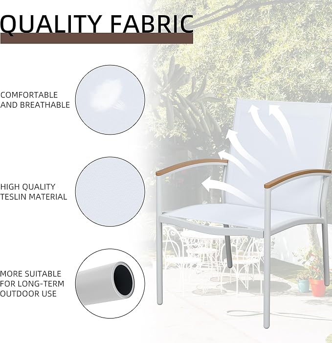 Shintenchi 3 Pieces Patio Bistro Sets, Outdoor Textilene Fabric Conversation Bistro Set, Textilene Fabric Front Porch Chairs Small Patio Furniture Set with Table for Lawn,Garden,Balcony (White)