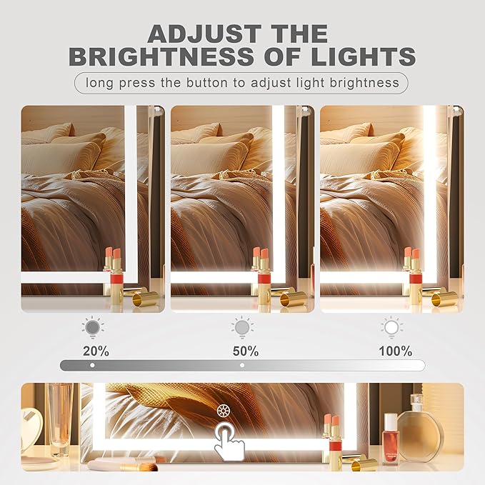 Hasipu Vanity Mirror with Lights, 17.7" x 13.8" LED Makeup Mirror with 10X Magnification, Smart Touch 3 Colors Dimmable, Brightness Adjustment, 360° Rotation, White