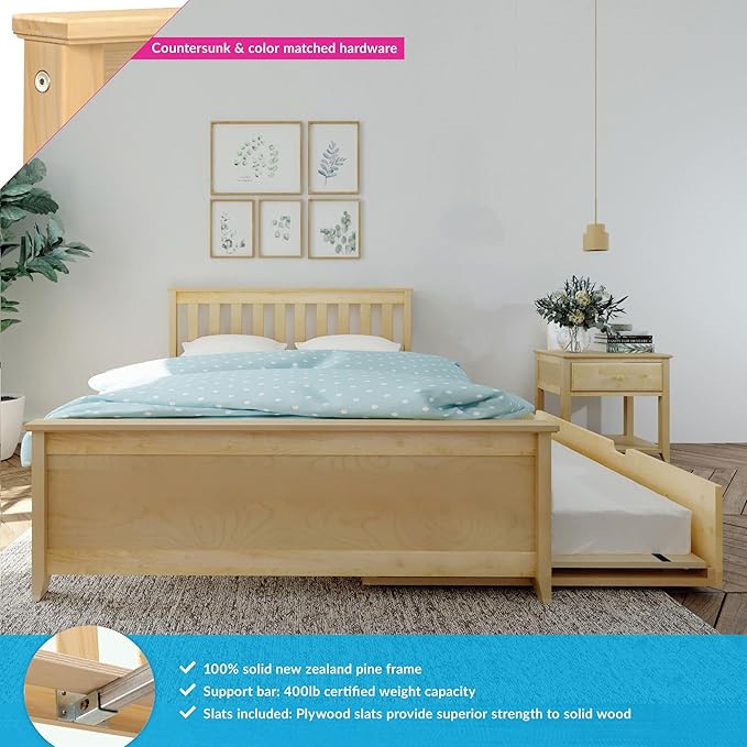 Max & Lily Full Bed, Wood Bed Frame with Headboard For Kids with Trundle, Slatted, Natural