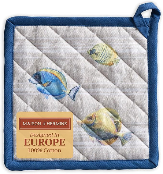 Maison d' Hermine Pot Holders 100% Cotton Heat Resistant Potholders 8" x 8" Hot Pads with Loop BBQ, Cooking, Baking, Grilling, Kitchen, Handling Hot Pans Spring/Summer (Pack of 1, Poisson)