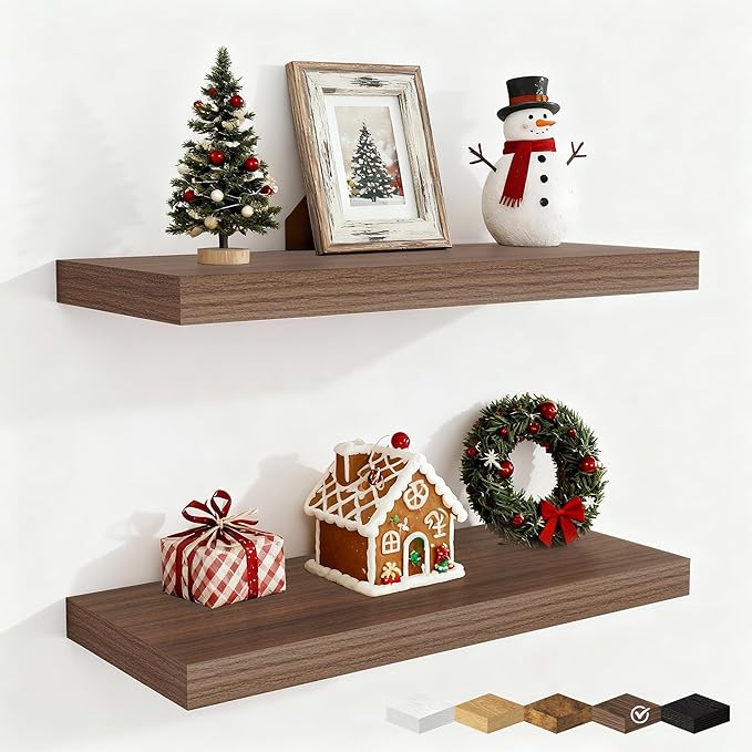 Fun Memories 24 Inch Floating Shelves for Wall, 9 Inch Deep Walnut Rustic Wood Wall Mounted Shelves for Bathroom, Kitchen, Living Room, Set of 2