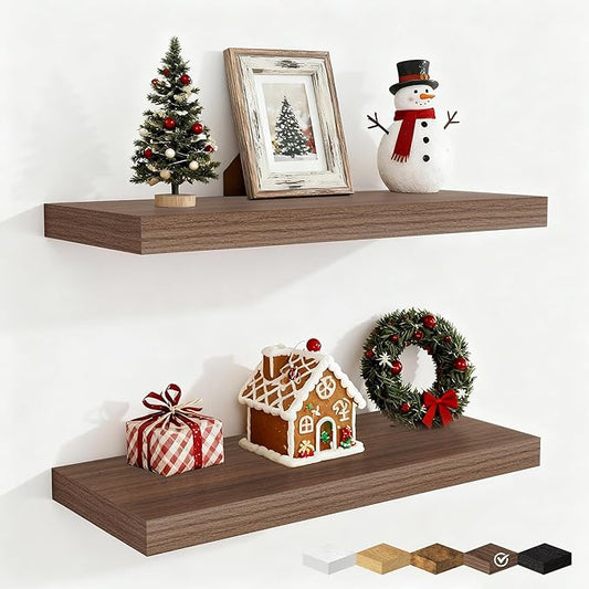 Fun Memories 24 Inch Floating Shelves for Wall, 9 Inch Deep Walnut Rustic Wood Wall Mounted Shelves for Bathroom, Kitchen, Living Room, Set of 2