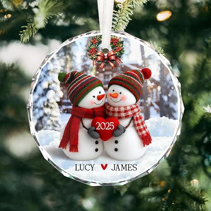 NAZENTI Personalized Snowman Couple Ornament 2025, Custom Glass Christmas Ornaments with Names, Snowman Lovers Holiday Decoration, Romantic Gift for Couples Newlyweds Keepsake 02