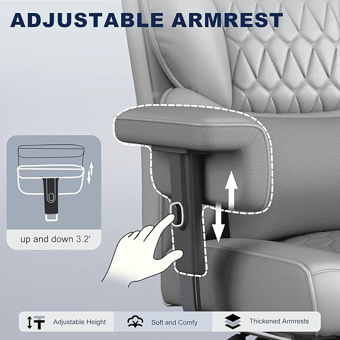 Misolant Big and Tall Office Chair with Footrest, High Back Executive Desk Chair with Adjustable Lift Armrest, 155°Recline，Lumbar Support Pillow, Faux Leather Gaming Chairs for Home or Office Gray