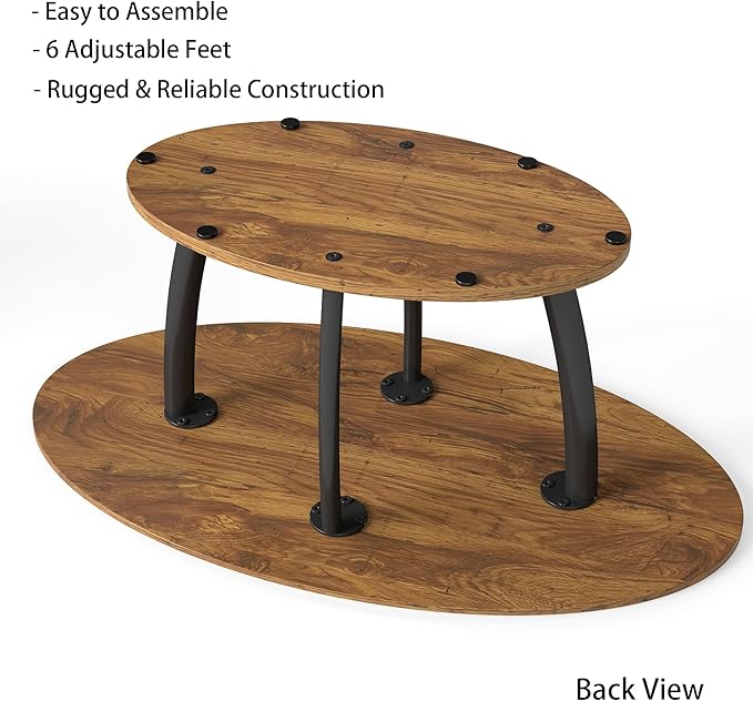 Manora Rustic Small Oval Coffee Table for Living Room, Narrow Wood Center Table with Shelf, Retro Style Coffee Table with Curved Metal Legs, Stable and Easy Assembly, Rusric Brown