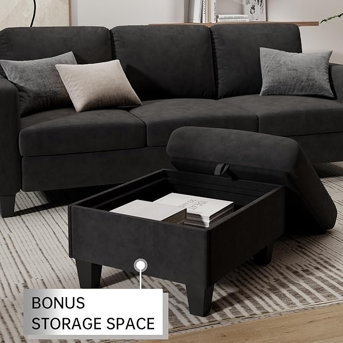 Sectional and Sofa Couches for Living Room, 3-Seater L-Shaped Sofa with Storage Ottoman, Pet-Friendly Washable Velvet Linen Fabric, Convertible Couches for Small Apartments, Bedroom (Black)
