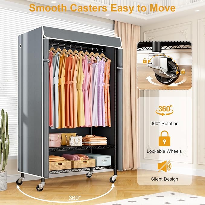P6C Rolling Clothes Rack with Cover, Covered Clothing Racks Heavy Duty, Portable Closet for Hanging Clothes, Garment Racks on Wheels, Black Closet Rack with Gray Cover, Max Load 365LBS