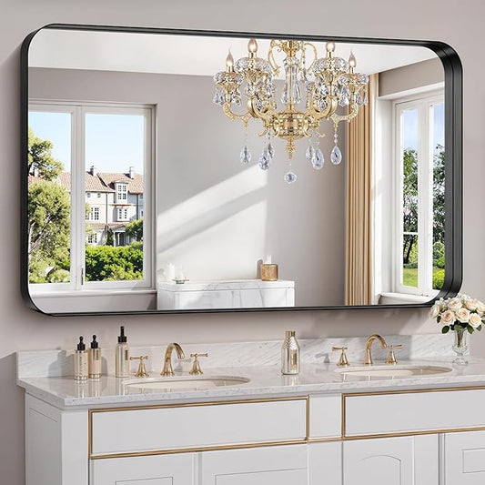 FORBATH 60x36 Inch Large Bathroom Mirror for Double Sinks, Brushed Black Deep Frame Wall Mirror with Rounded Corners, Anti-Rust Tempered Glass for Modern Farmhouse Vanity (Horizontal/Vertical)