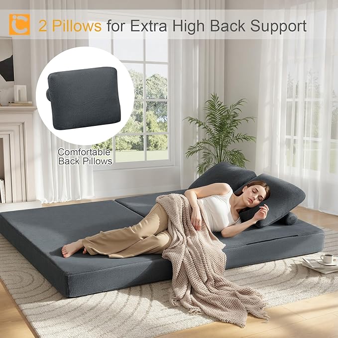 COMAX Convertible Sofa Bed, Folding Floor Couch Fold Out Couch Bed Futon Sleeper Mattress with Pillows, Boneless Sofa Comfy Lounge Loveseat for Living Room Bedroom, Faux Fur Dark Grey