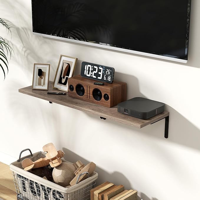 Fun Memories Deep Floating Shelves, 16W x 8D Floating Shelves Set of 2, Wall Mounted Shelf with Metal Brackets, Rustic Wood Wall Shelf for Bathroom, Kitchen and Living Room, Grey