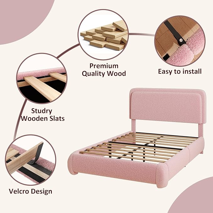 Twin Boucle Platform Bed Frame with Height Adjustable Headboard, Modern Upholstered Cloud Bed, Sleek Curved Design, No Box Spring Needed, Easy Assembly, Noise Free, Pink