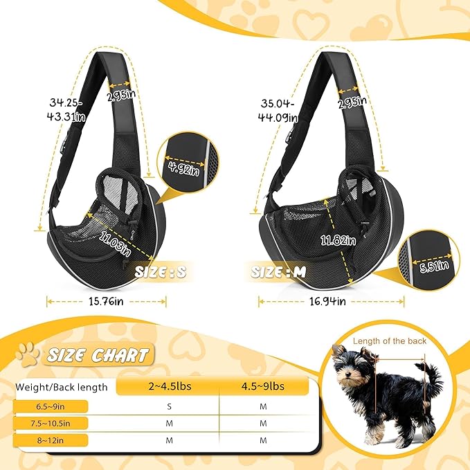 Detachable Hard Bottom Dog Sling for Small Dogs & Cats Up to 10 lbs- Upgraded Breathable Mesh, Adjustable Strap & Large Pocket - Hands-Free Pet Carrier for Travel Walking Hiking (Black Size S)