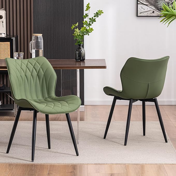 Kidol & Shellder Dining Chairs Set of 2 Green Modern Kitchen Chairs with Back Armless Accent Chairs for Living Room Upholstered Faux Leather Chair Mid Century Comfy Side Chair with Metal Legs