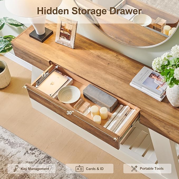 OKD 60" Farmhouse Entryway Table with Drawer, Console Table Behind Sofa, Narrow Long Entryway for Hallway, Living Room, Hallway, Behind Couch(Antique White)