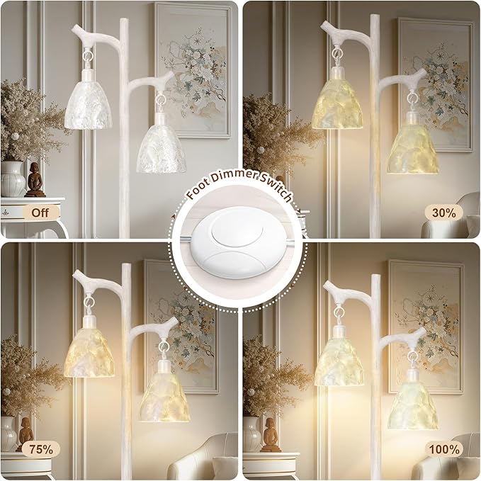 68" Washed White Rustic Floor Lamp with Soft Pearl Shell Lamp Shade for Living Room, Standing Lamp for Bedroom, Farmhouse Floor Lamp Stepless Dimmable Tree Trunk Tall Lamp for Bedroom (Bulb Included)
