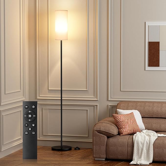 Ambimall 66'' Floor Lamps for Living Room with Remote Control and Stepless Dimmable Colors Temperature & Brightness, 9W Bulb Included(Beige Lampshade & Black Pole)