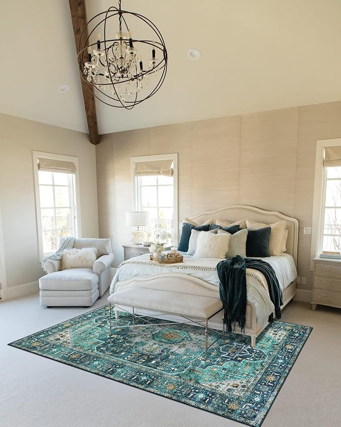 Moynesa Ultra-Thin Washable Vintage Area Rug - 5x7 Large Living Room Rug Boho Oriental Medallion Bedroom Mat Non-Slip Non-Shedding Dining Room Floor Carpet for Home Office, Teal/Mutil