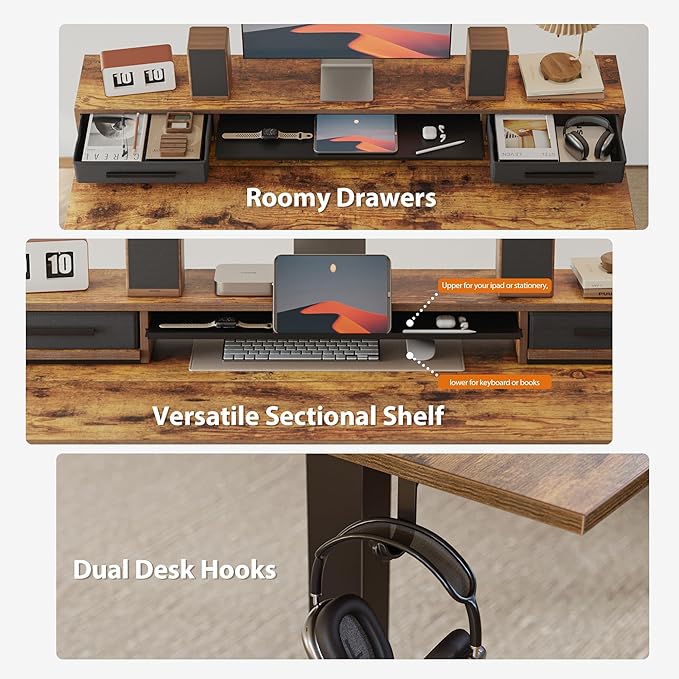 Agilestic 48 Inch Electric Standing Desk with Drawers, Adjustable Desk with Storage Shelf, Stand Up Home Office Computer Table, Splice Board, Rustic Brown