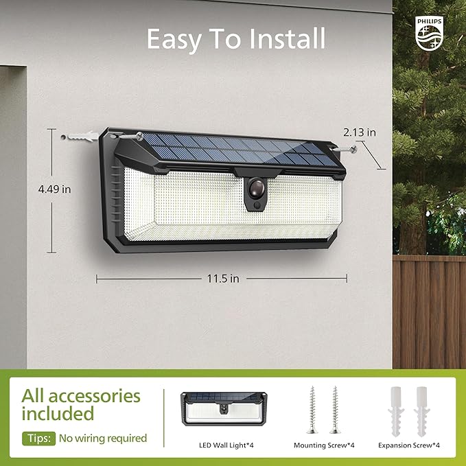 Philips Solar Lights Motion Sensor Outdoor, 258 LEDs Solar Powered Security Lights, 3 Lighting Modes, Waterproof Wall Light for Outside Yard Fence Garden Garage