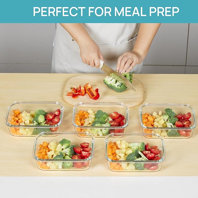 Vtopmart 5 Pack 35oz Glass Food Storage Containers with Lids, Meal Prep Containers, Airtight Reusable Lunch Container Set, Safe for Oven, Microwave, Freezer, and Dishwasher, Grey