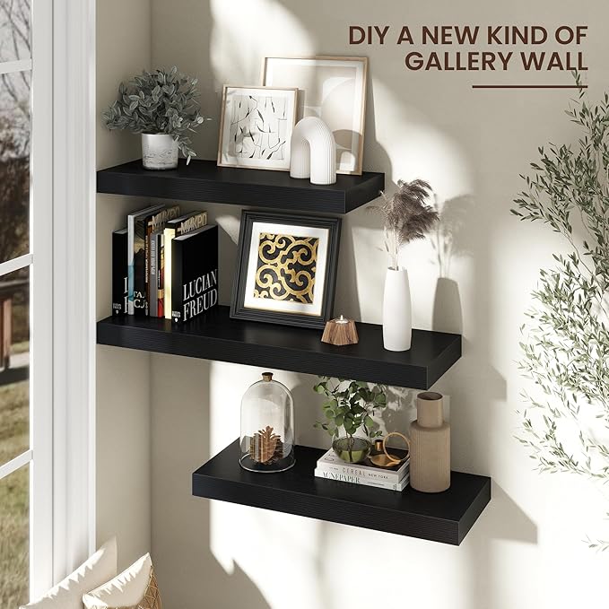 Floating Shelves for Wall, 30" W x 12" D x 2" H, 2 Pack of Long Wall Mounted Engineered Wood Shelves with Invisible Brackets for Living Room, Bedroom, Bathroom, Kitchen Decor, Black