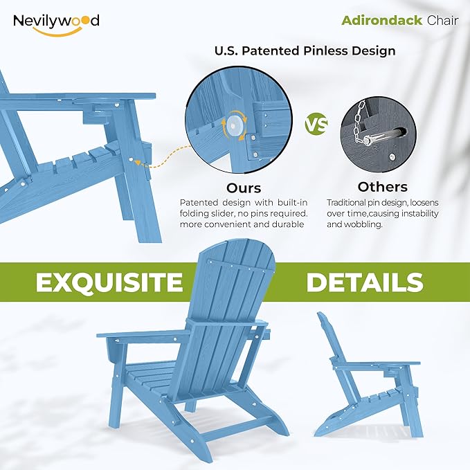 nevilywood Folding Adirondack Chair with Cup Holder Set of 4, HDPE Patio Chairs,All-Weather Outdoor Chairs for Backyard, Deck,Fire Pit-LightBlue