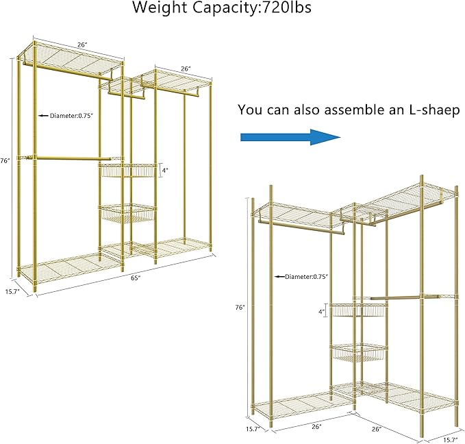 Xiofio 6 Tiers Heavy Duty Clothes Rack, Metal Clothing Rack,Clothing Storage Organizer,Garment Rack with Basket,Hanging Adjustable Garment Rack,65.0" L x 15.7" W x 76.0" H,Max Load 800LBS,Gold