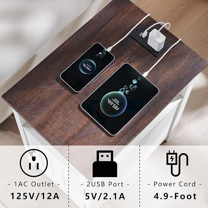 Farmhouse Nightstand Set of 2, End Table with Charging Station, Rustic Side Table w/Barn Door & Open Shelves, Bedside Table w/Storage Space and Storage Cabinet for Bedroom, Living Room (White)