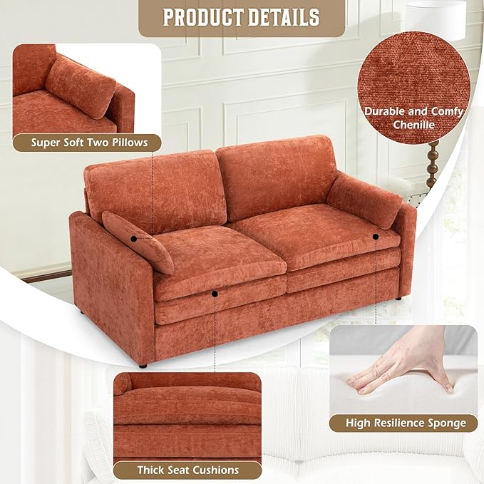 69" Chenille Modern Couch with Cozy & Soft Backrests, 2 Seats Sofa with 2 Extra Pillows, Comfy Upholstered Sofa with Thicker Cushions for Living Room, Office, Orange