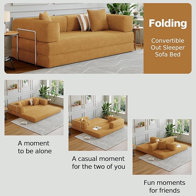 Compressed Sleeper sofa bed,Convertible Floor Boneless Couch-With Comfy Pillow,Modular Modern Corduroy Sofa for living room Bedroom Lounge Studio-With Fixed-shape Frame and support Armrest(Yellow)