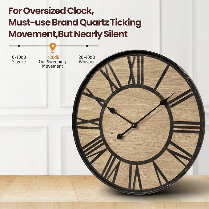 Large Wall Clock for Living Room Decor, Non Ticking Silent, Battery Operated Modern Vintage Wood Oversized Decorative Wall Clock for Bedroom Kitchen Farmhouse Office Decor