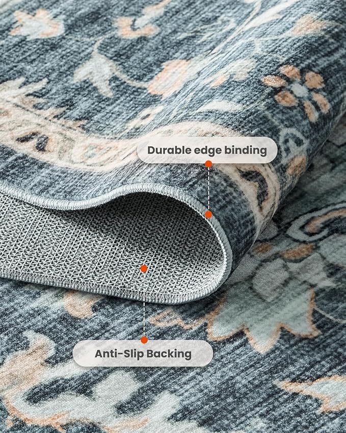 AMADA HOMEFURNISHING 6x9 Area Rugs, Blue Low-Profile Washable Rug with Non-Slip Backing & Durable Edge Binding, Vintage Rugs for Living Room, Bedroom, Dinning Room