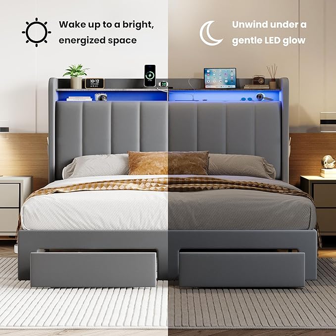 SHA CERLIN Velvet Queen Bed Frame with Vertical Channel Tufted Wingback Headboard & 2 Storage Drawers/2-Tier Shelves with LED Lights & Charging Station/Noise-Free/No Box Spring Needed/Light Grey