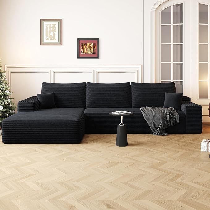 108" Sectional Couches for Living Room Modern Modular Sofa with L-Shape Couchs Upholstered Boneless Couch Deep Seat Sectional Couch with Chaise (Black, Left Facing Chaise+2Seaters)