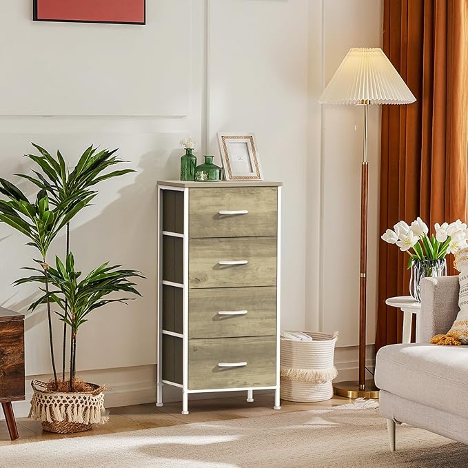 DUMOS Nightstand with 4 Drawers Bedside Table with Removable Fabric Bins Sturdy Steel Frame Wood Top Organizer Furniture for Bedroom Closet Living Room,Oak Greige