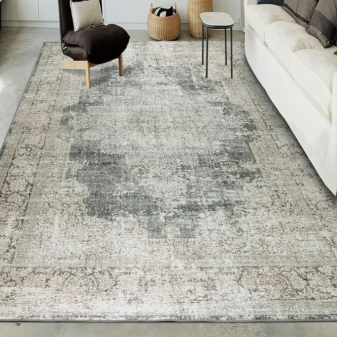 Area Rug 8x10 Washable Rug Living Room Vintage Non Slip Accent Rug Thin Retro Print Indoor Mat for Bedroom Kitchen, (Olive 8x10)