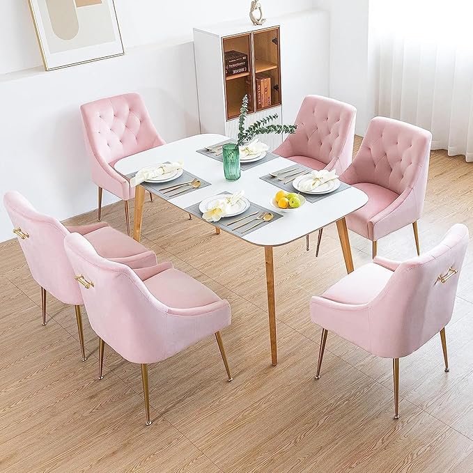 Modern Dining Chairs Set of 6, Mid Century Chairs with 5.12” Cushions and Golden Legs, Velvet Upholstered Dining Chairs with Back Pull Rod, for Kitchen, Living Room, Pink