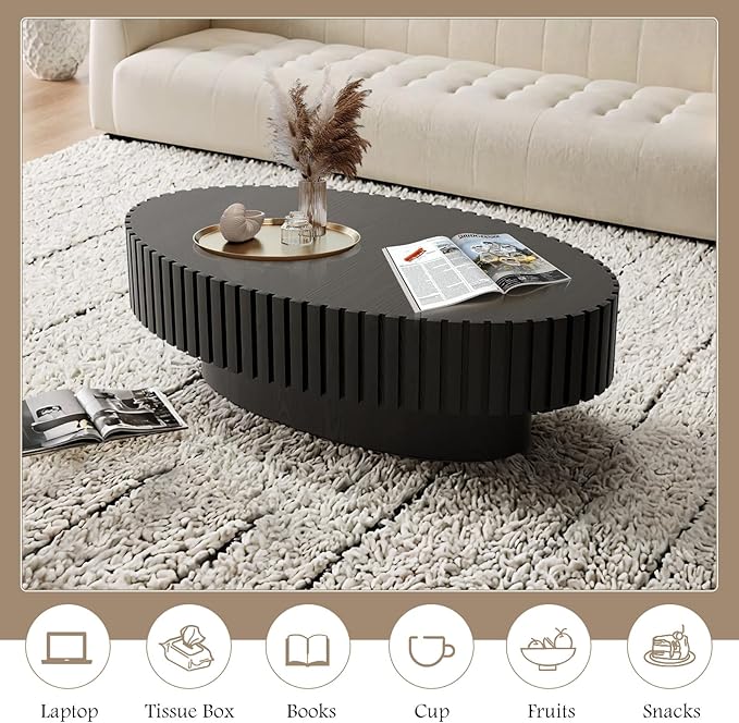 Fluted Coffee Table 43.3" Oval Wood Coffee Tables Modern Handcraft Drum Coffee Table with Solid Wood Relief Sturdy Pedestal Accent Table for Living Room Home Office,Black
