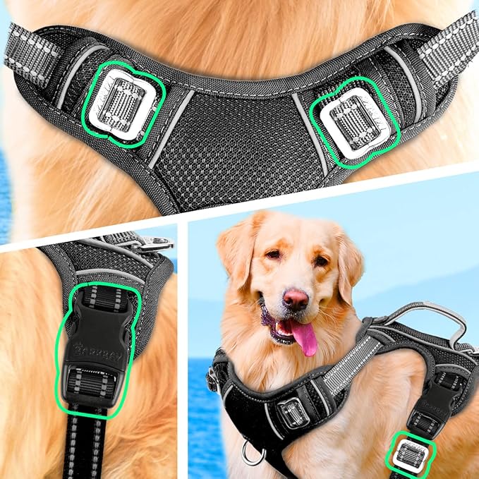 BARKBAY No Pull Dog Harness Large Reflective Dog Harness with Front Clip and Easy Control Handle for Walking Training Running with ID tag Pocket(Black,XL)