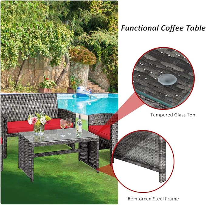 Tangkula 4 PCS Wicker Patio Conversation Set, Outdoor Rattan Sofas with Table Set, Patio Furniture Set with Soft Cushions & Tempered Glass Coffee Table for Poolside Balcony