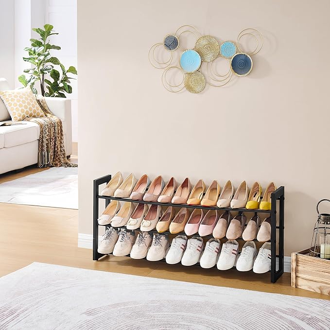 FAVOOSTY 3-Tier Expandable Shoe Rack, Adjustable Shoe Shelf Storage Organizer Space Saving Metal Free Standing Shoe Rack for Entryway Closet Doorway, Black