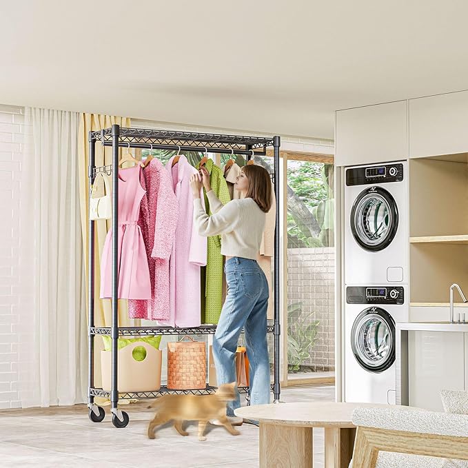 Heavy Duty Rolling Garment Rack 3 Tiers Adjustable Wire Shelving Clothes Rack with 1 Rods and Side Hooks,Storage Closet Clothing Rack with Wheels Black 15.7" D x 45.3" W x 75.6" H