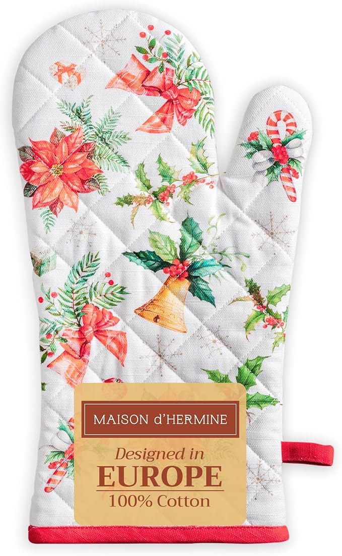 Maison d' Hermine Oven Gloves 100% Cotton Oven Mitt 7" x 13" with Loop Heat Resistant BBQ Cooking Gloves for Thanksgiving Christmas Decorations Baking Handling Hot Pans (Pack of 1, Chromo)