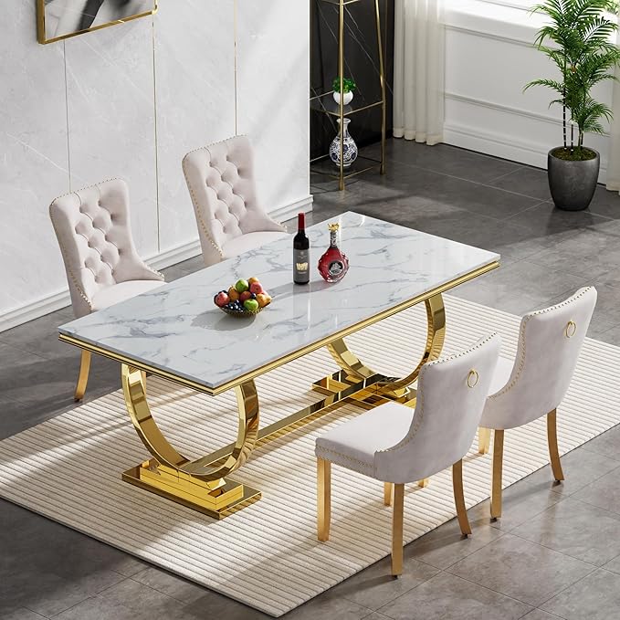 5 Piece Marble Dining Table Set for 4, Luxury White Marble Gold Kitchen Table with 4 Beige Velvet Upholstered Chairs, Modern 4 Person Dining Room Table Set for Kicken Dining Office Room